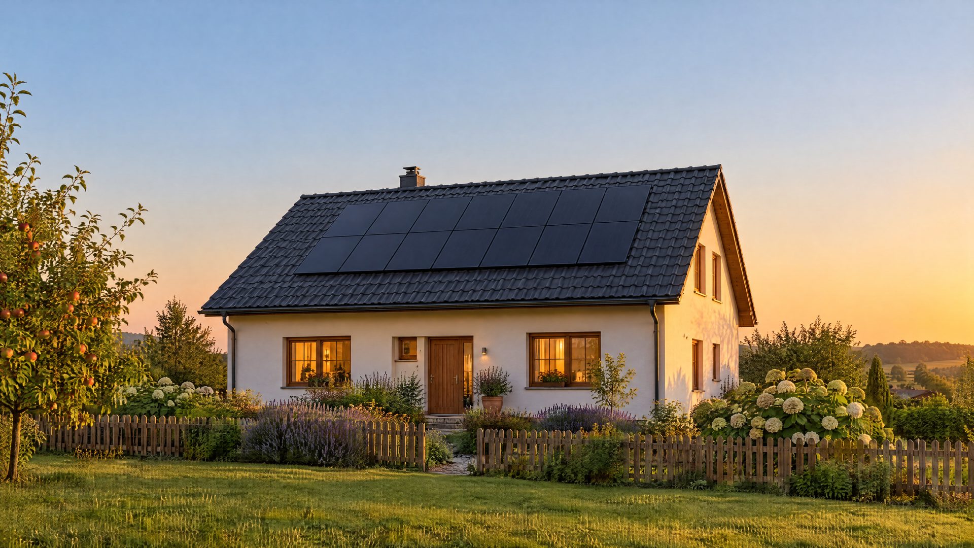 Rodinný dům s antracitovou pálenou krytinou a černými solárními panely při západu slunce