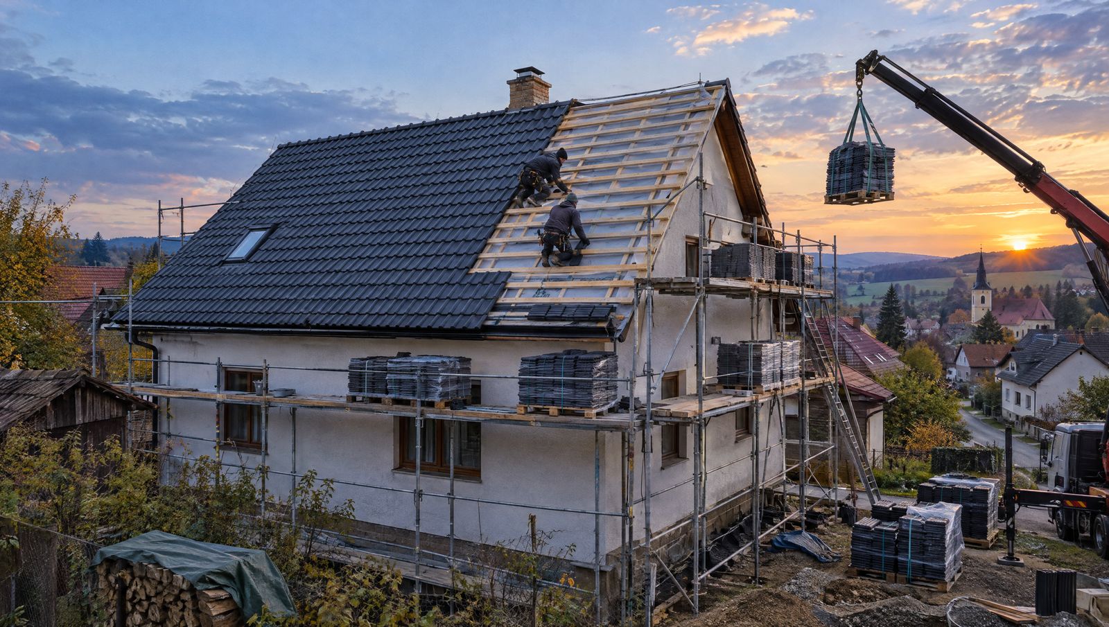 Rekonstrukce střechy rodinného domu: polovina už s novou krytinou, polovina s latěmi